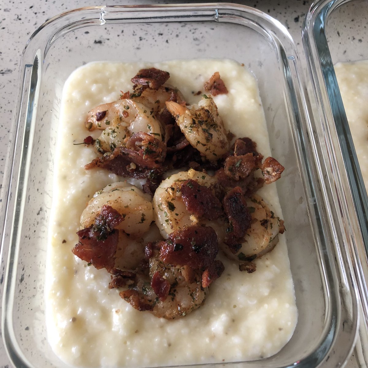 After40Fit's tweet photo. This week’s meal prep … shrimp &amp; cheesy grits 😋 Have a great week!! 

#mealprep #eatclean #sundayfunday #healthychoices #foodporn #foodgasm #goals #motivation #fam #fitlife #fit #health #beautiful #life #inspire #healthy https://t.co/2iq3EKR5KN
