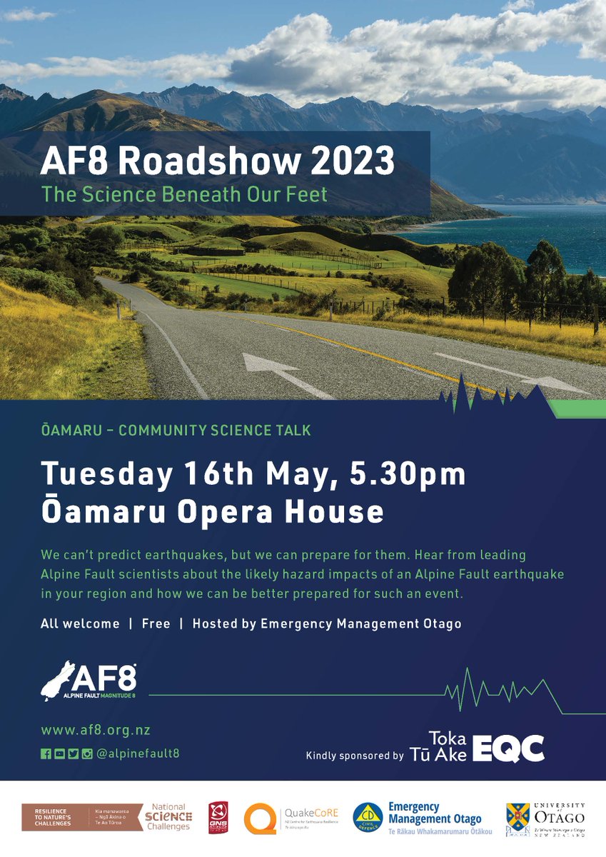 It's our fault! The next major Alpine Fault event is likely to occur within our lifetime, so we're taking steps now to plan for the impacts and disruption it will cause.
The Ōamaru - AF8 Roadshow is a free public event happening at the Oamaru Opera House tomorrow!