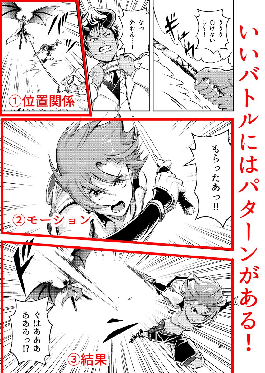 #コミカライズの魅力を毎日届ける 「バトルを描くためのコツ」  少年漫画の華であるバトルですが、人によっては苦手な人もいると思います。  そんなときにオススメなのが画像にある3つの要素を入れること。特に「位置関係」は必須です!(1/2)