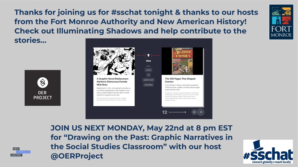 The SSChat Network (@sschatnetwork) on Twitter photo Thanks for joining #sschat tonight & thanks to our hosts from the <a href="/FtMonroeducate/">Fort Monroe Education</a> & <a href="/NewAmericanHist/">New American History</a>! Check out <a href="/bunkhistory/">Bunk</a> & Illuminating Shadows-help contribute to the stories…Join us next week w/ <a href="/OERProject/">OER Project</a> "Drawing on the Past"- graphic narratives in the SS classroom! Thanks for joining #sschat tonight & thanks to our hosts from the <a href="/FtMonroeducate/">Fort Monroe Education</a> & <a href="/NewAmericanHist/">New American History</a>! Check out <a href="/bunkhistory/">Bunk</a> & Illuminating Shadows-help contribute to the stories…Join us next week w/ <a href="/OERProject/">OER Project</a> "Drawing on the Past"- graphic narratives in the SS classroom!