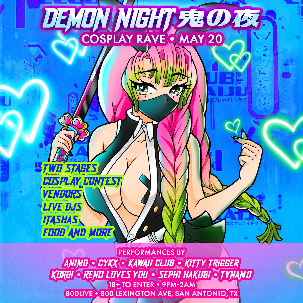 HakubiVerse's tweet photo. On Saturday, May 20th in #SanAntonio! The #ForbiddenDoor opens again as @ClubKaiju returns to #800Live. Join @SephiHakubi &amp; Tynam0 joining forces with the Kaiju Fam on a night of slaying #AnimEDM sounds, #cosplay, vendors, food, #itasha, and much more! https://t.co/U6zbzMZj37