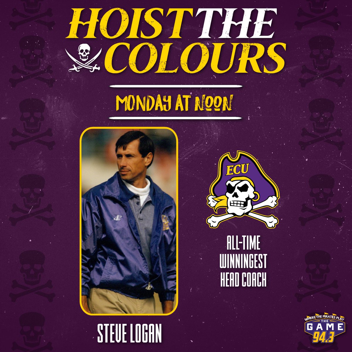943TheGame's tweet photo. Join us tomorrow on @HTC247 #hoistthecolours as we are joined by special guest, former ECU Head Coach - Steve Logan! https://t.co/f77kZEN3v6
