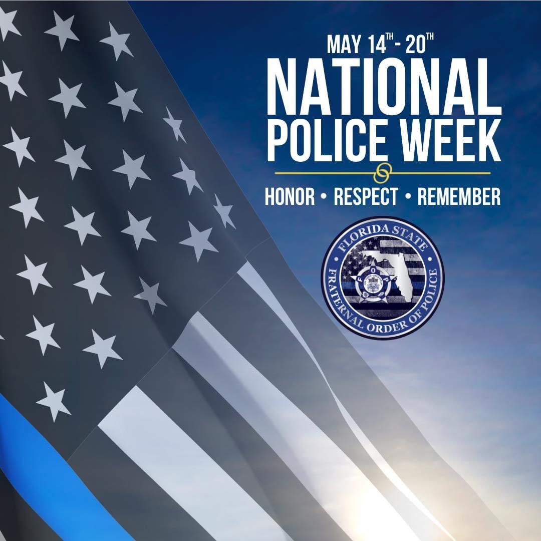 FOPDIST5's tweet photo. We proudly recognize #NationalPoliceWeek and thank our law enforcement officers in Florida &amp; the nation for their bravery and selflessness as they put their life on the line every day to protect our communities. We remember and honor those who’ve made the ultimate sacrifice 💙 https://t.co/z1BRB3k5cV