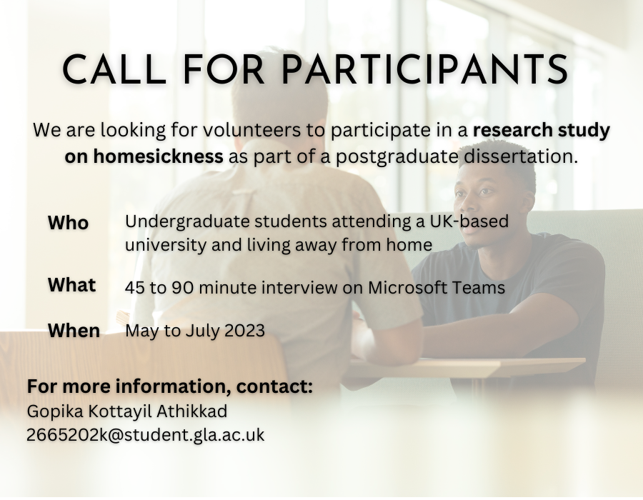 kagopikavinod's tweet photo. Hey! I’m a postgraduate psychology student, and as part of my #dissertation, I’m seeking participants to take part in online interviews. Please volunteer and help me complete my dissertation:)
#homesickness #studyingabroad #internationalstudents #studyingintheuk #undergraduate https://t.co/mSi5xZ9esh