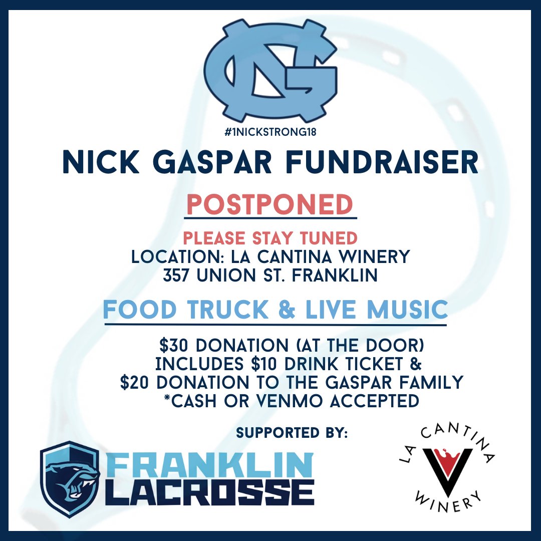 Our Nick Gaspar Fundraiser has been postponed. Pls still consider donating if you are able. Venmo @FHSBoys-LaxBoosters, comment "Gaspar" &amp; we'll present to the family. Thanks for your consideration. Please continue to pray alongside the Gaspars. #1NickStrong18 #noonefightsalone