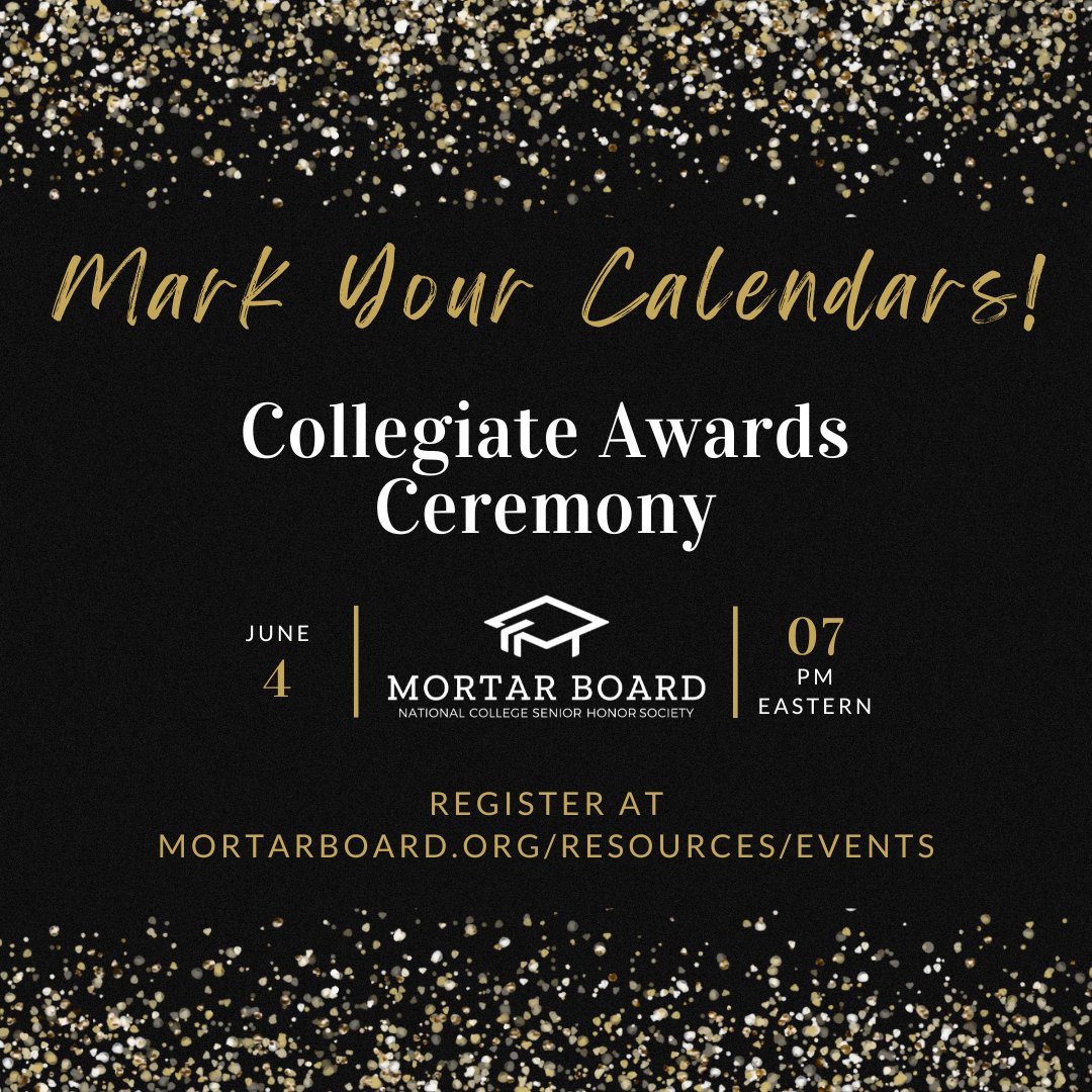 Mortar Board's Collegiate Awards Ceremony is June 4 - sign up today! It's a great way to see the amazing accomplishments of our chapters across the country. Sign up to celebrate with us at mortarboard.org/resources/even….
#MortarBoard #Scholarship #Leadership #Service