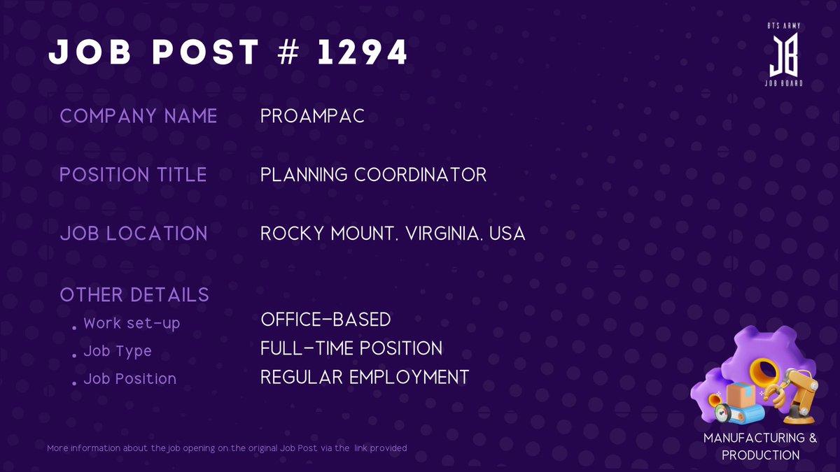 BTSARMYJobBoard's tweet photo. #BAJBUSA
ROCKY MOUNT, VIRGINIA, USA
https://t.co/iJGy6hmXHK
#BAJBManufacturing
ARMYs, kindly contact the job poster / hiring party directly for more information. π€
Good luck! π https://t.co/0wloRyOEvh