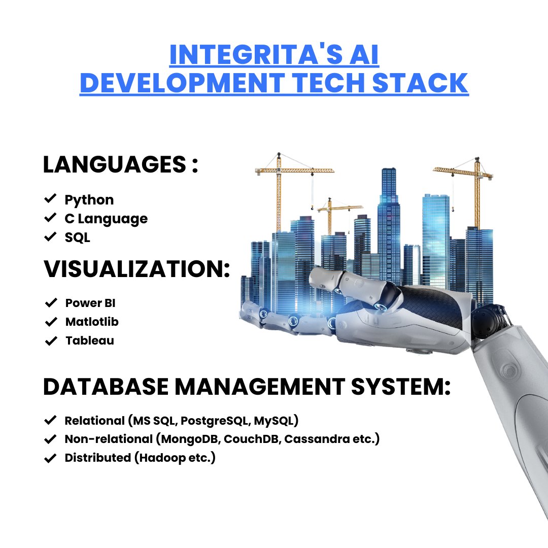 integritas_sol's tweet photo. Have the utmost out of the futuristic technology. AI transforms your business and takes it several steps further.
We provide the development tech stack with various languages like Python, C++, and SQL, along with multiple data visualization tools and database management systems. https://t.co/6bQtwqoyxc