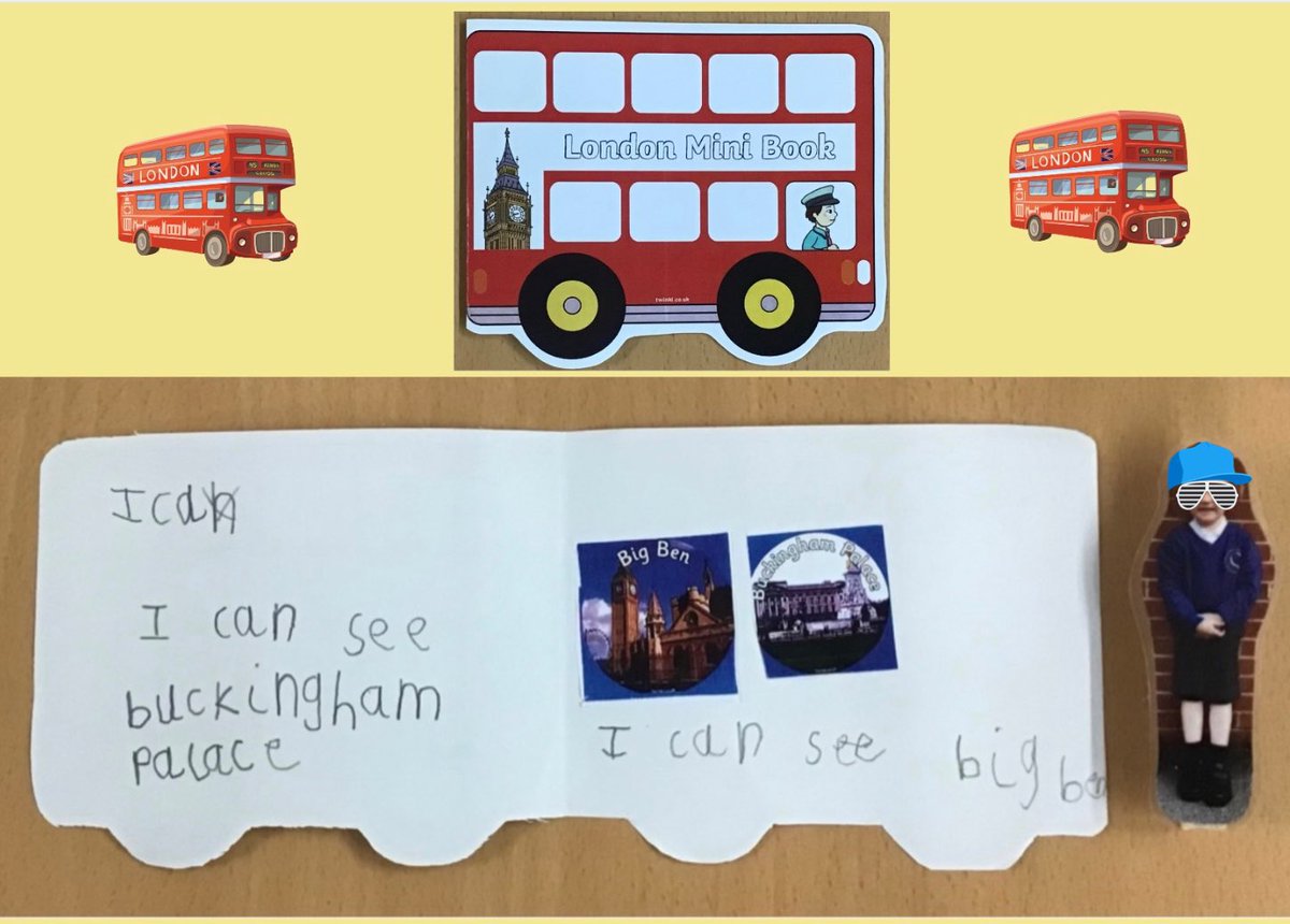 Lg025's tweet photo. The chn in EYFS have loved this story. They took their mini mes on adventures around the rooms. For every task they did they punched a hole in their bus book. Look at this independent writing too. RWI is working for us and a super accompaniment to @janeconsidine writing unit. https://t.co/fe0Is4WsOs