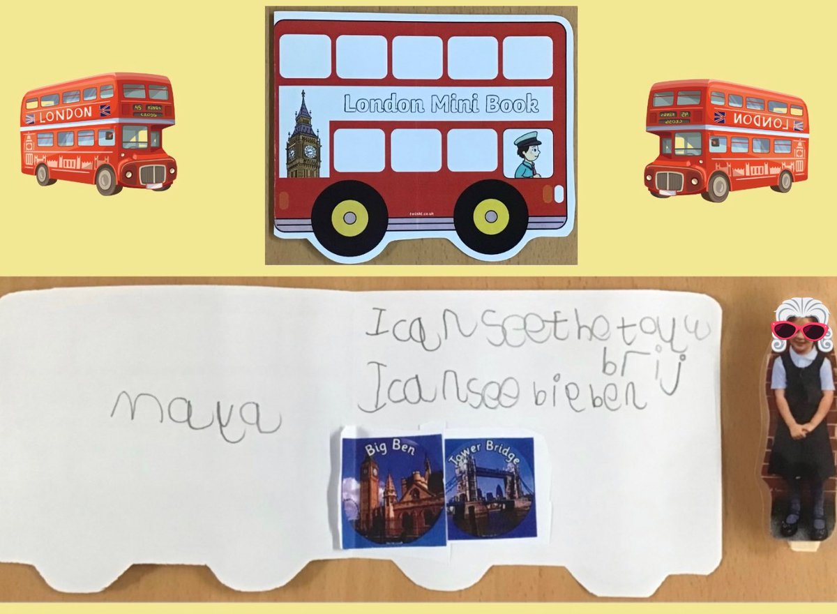 Lg025's tweet photo. The chn in EYFS have loved this story. They took their mini mes on adventures around the rooms. For every task they did they punched a hole in their bus book. Look at this independent writing too. RWI is working for us and a super accompaniment to @janeconsidine writing unit. https://t.co/fe0Is4WsOs