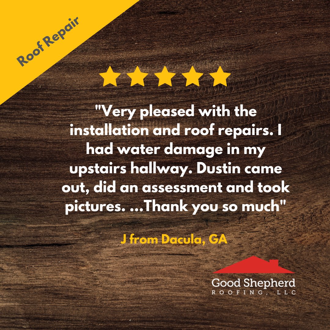 🌟🌟🌟🌟🌟 Extremely pleased with the installation & roof repairs! Had water damage in my upstairs hallway. Dustin assessed, took pics & explained repairs in detail. Highly grateful for the excellent service! #RoofRepairs #FiveStarRating #Dacula #GoodShepherdRoofing