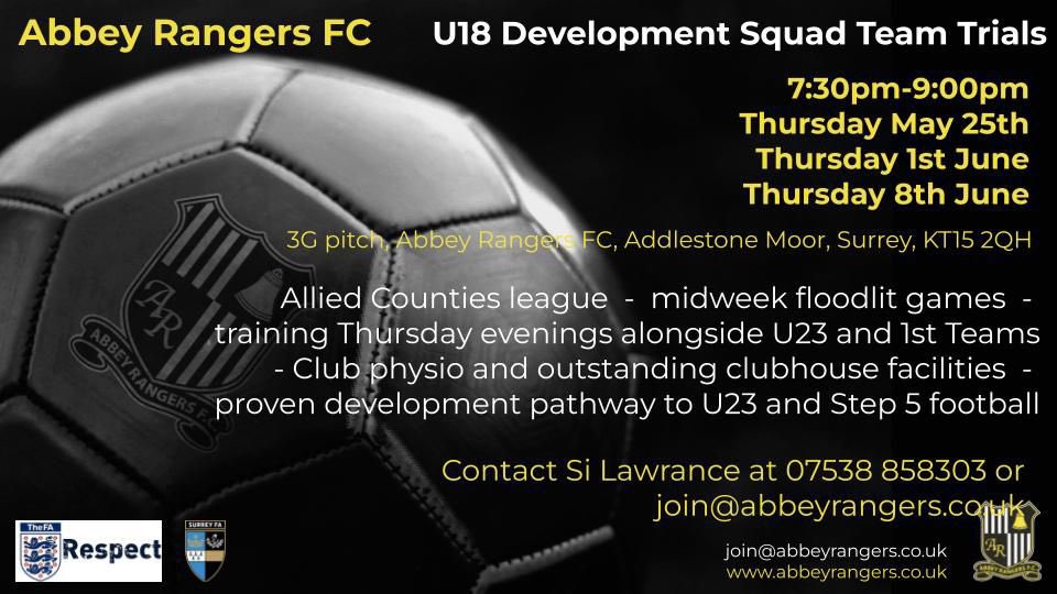 Players wanted for the 2023-24 u18’s squad, playing in the Allied Counties. If you’re interested and up to the standard, see trial dates & times below. Top club & facilities #AlliedCounties @ACYFLofficial @SurreyFootball @FunFootball4All @SurreySchoolsfa @ARFC_Official #football