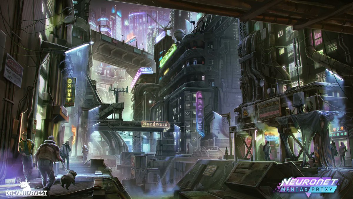 Dream_Harvest's tweet image. In #NeuroNetMendaxProxy, Shentilar beckons - the district of Catena where anything can happen, and often does. It&apos;s a densly packed visual assault of concrete and neon where the NeuroNet can be used to explore the wildest of excesses #VisualNovel #IndieGame #Ai #Cyberpunk