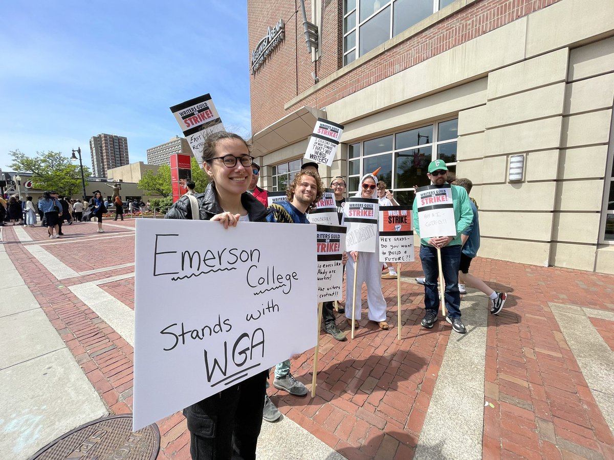 BostonDSALabor's tweet image. Emerson threw the CEO of Warner Bros. Pictures an honorary degree and commencement speaking slot while studios throw their writers out on the curb to strike for their livelihoods and profession.

Solidarity with @WGAEast and @WGAWest and all grads going into film and TV!