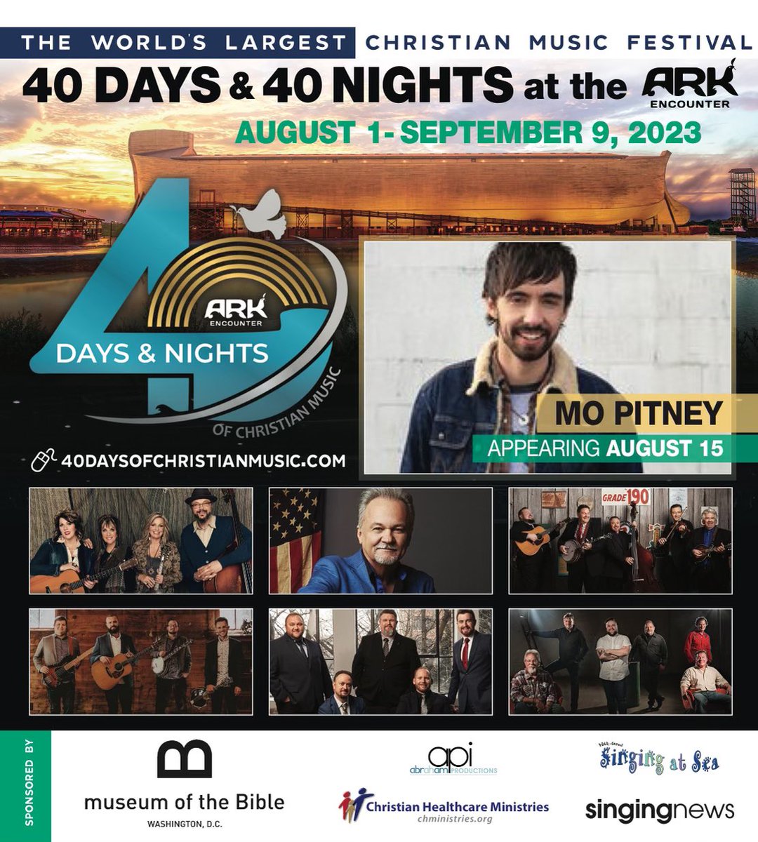 Mo Pitney (@mopitney) on Twitter photo There will be 40 Days & Nights of music at <a href="/ArkEncounter/">Ark Encounter</a> but I’ll be there one night only on August 15th! Get Tickets: 40daysofchristianmusic.com There will be 40 Days & Nights of music at <a href="/ArkEncounter/">Ark Encounter</a> but I’ll be there one night only on August 15th! Get Tickets: 40daysofchristianmusic.com