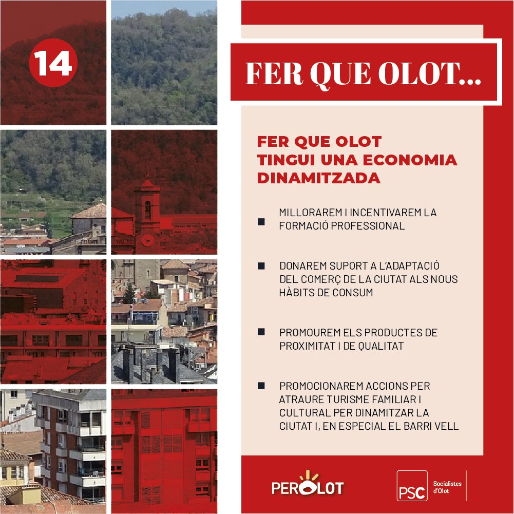 pscolot's tweet photo. 14 propostes #perolot 
💼💰 Fer que Olot tingui una economia dinamitzada per a generar més ocupació. #OlotEconomia #TreballPerATothom #olot https://t.co/yROhXATozF