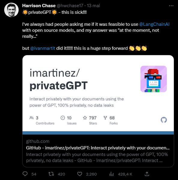 AI__God's tweet photo. privateGPT for the win. https://t.co/7P7RLMO4MO