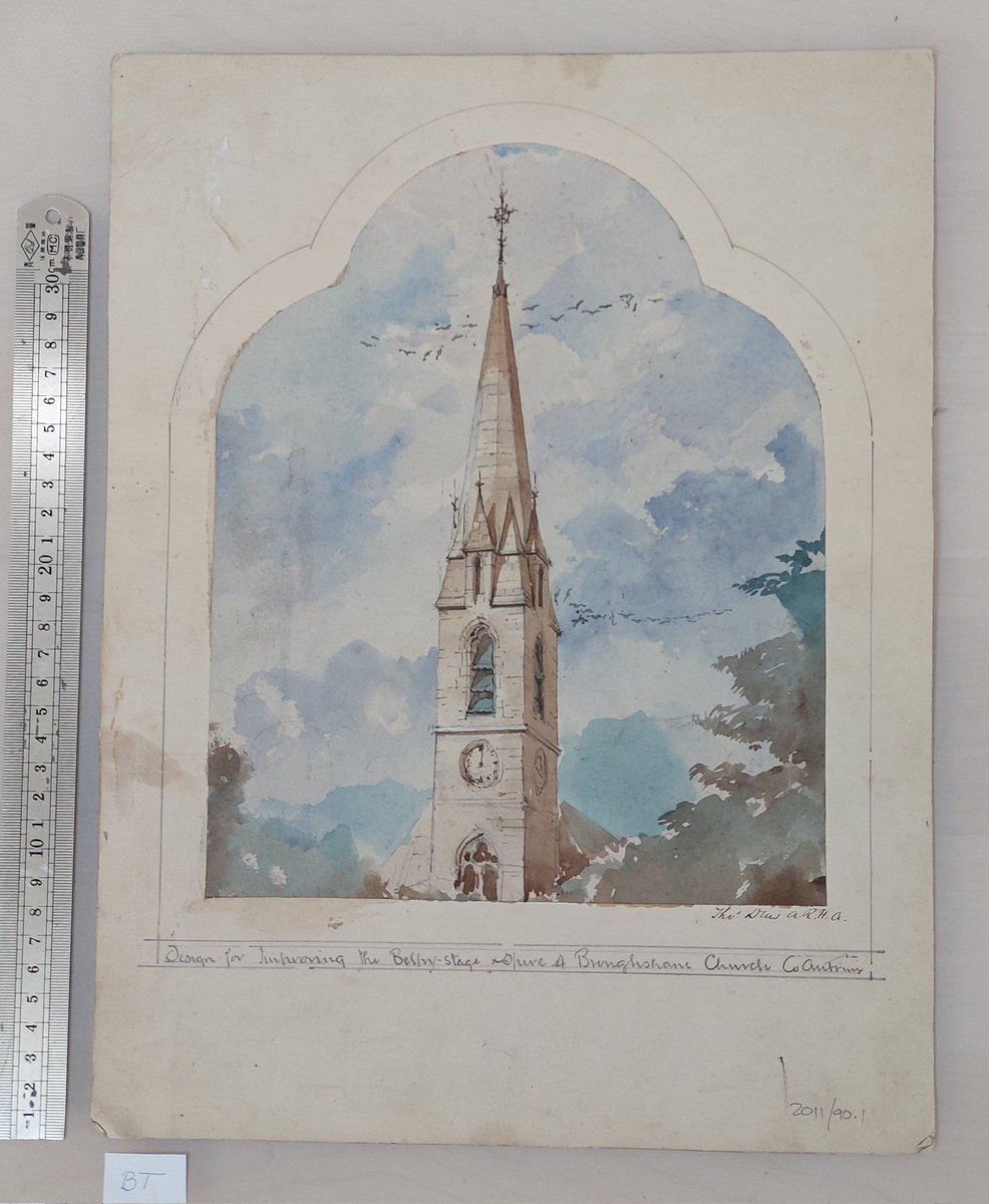 paperworksliz's tweet photo. I was delighted to conserve  drawings for the @Arch_Archive &amp; @RHAGallery exhibition, Architectural Presidents, including this Plan of Brongshane  Church, Antrim by Thomas Drew.Thanks to @360dpi for the acid-free window mounts.#RHA200 #paperworksstudio #irisharchitecturalarchive https://t.co/5BgyCVnMpp