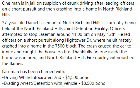 NRHPD's tweet photo. One man is in jail on suspicion of drunk driving after leading officers on a short pursuit and then crashing into a home in North Richland Hills. https://t.co/dLsk59NGZV