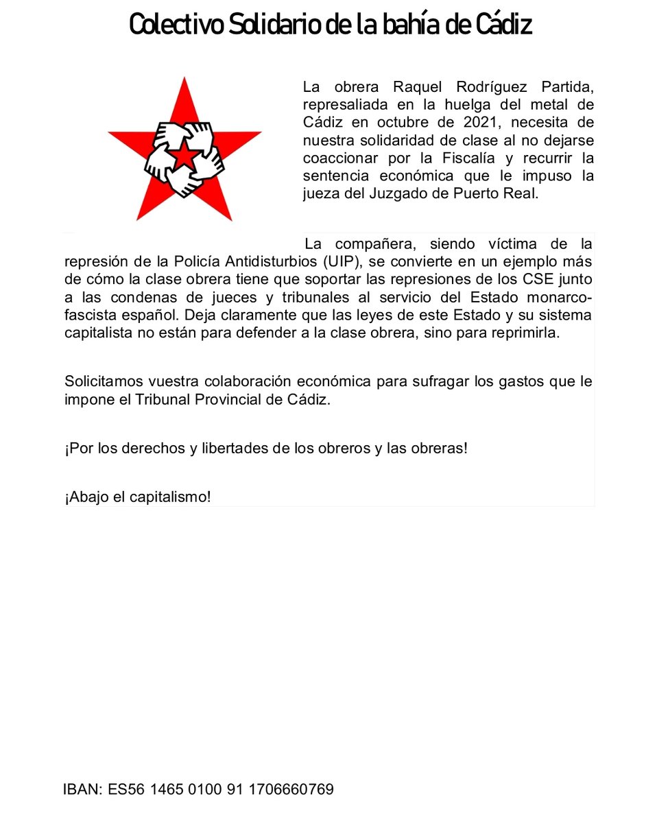 SalimosCalles's tweet photo. El 18 Mayo es el día del Juicio farsa a @RaquelRp39 que le montó el estado fascista español.... Nuestro apoyo a la compañera y si queréis apoyarla... Os dejamos si comunicado... Un abrazo compañera ✊✊✊
Abajo el capitalismo 🔥🔥🔥 https://t.co/Wu7uhttDiS