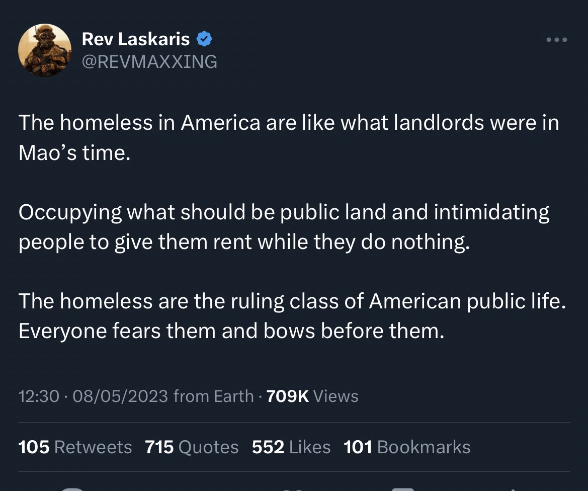 peachishwill's tweet photo. some next level giga brain thinking here. agh yes the homeLESS hold more power than landLORDS https://t.co/YyoxMmONtQ