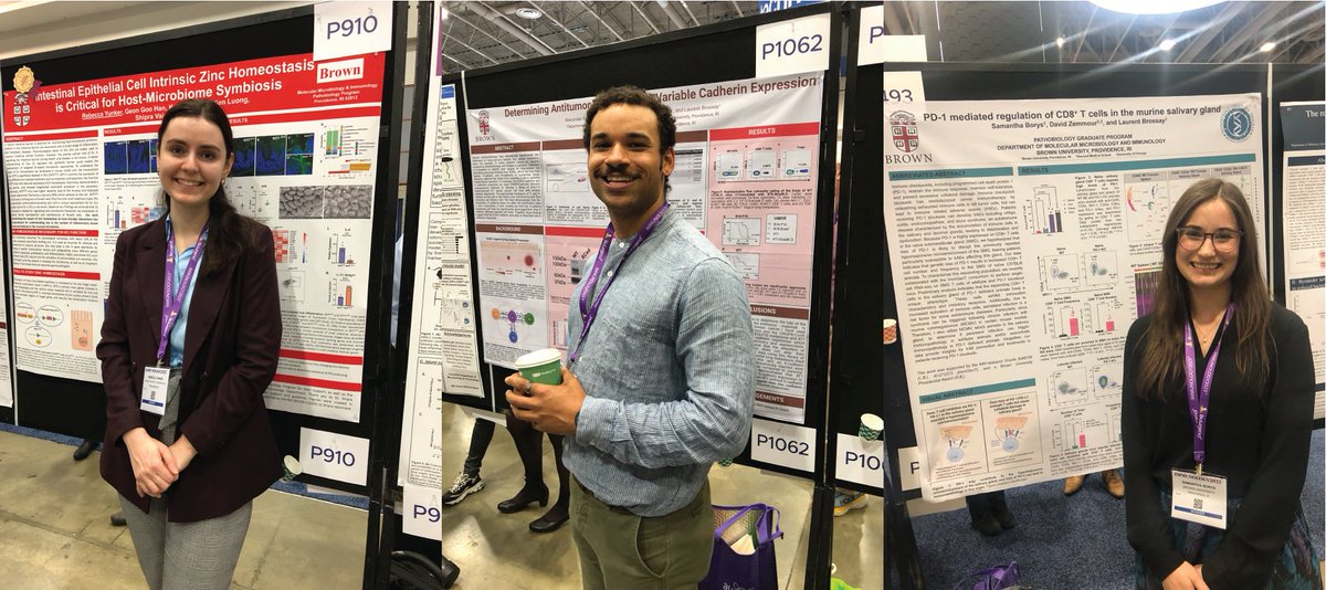 @BrownUPathoGP Grad Students representing at #AAI2023 poster session. Congratulations Rebecca, Alex, and Sam! @rebecca_yunker @Alex_Jordon_ @ShipraVaishnava @ImmunologyAAI @brown_mmi @BrownOGPS @BrownUResearch @BrownUCancer @BrownGradSchool @BrownUniversity