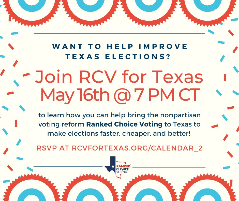 Improve Texas Elections - May 16 7-8:15 CT

Join our bi-monthly meeting to learn more about ranked choice voting.

l8r.it/x2r3

#RCVforTX #RCV #FairVote #VoteReform #texas #votetexas #vote #texasdemocrats #bipartisan #texaslege #Rankedchoicevoting
