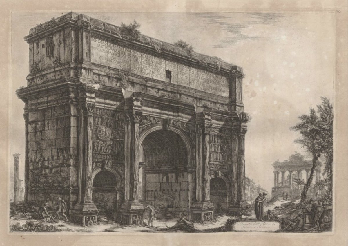piranesiusc's tweet photo. Mother’s Day, from Piranesi’s Views of Rome: a woman holds a child while seemingly perched atop the image’s title, Veduta dell’Arco di Settimo Severo. @UofSClibraries #MothersDay https://t.co/YY7vNw5nsF
