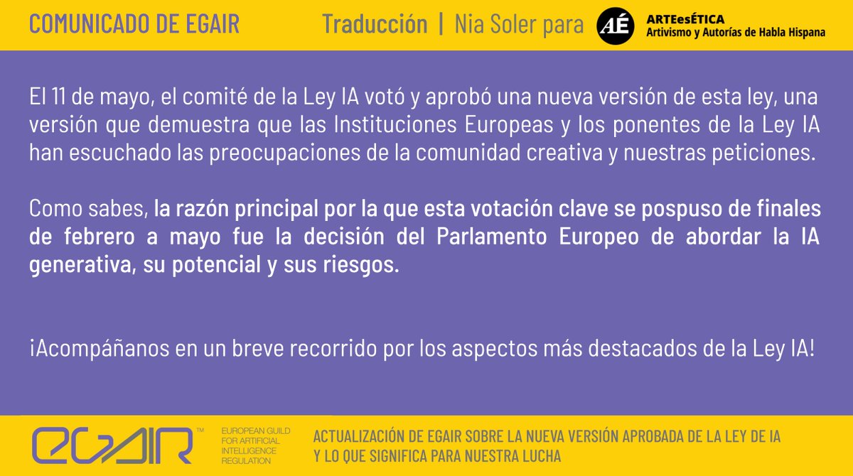 ArteEsEtica's tweet photo. El 11 de mayo, el comité de la Ley IA votó y aprobó una nueva versión de esta ley, una versión que demuestra que las Instituciones Europeas y los ponentes de la Ley IA han escuchado las preocupaciones de la comunidad creativa y nuestras peticiones.
#AIAct #egair #AI https://t.co/PxTKXM5nJK