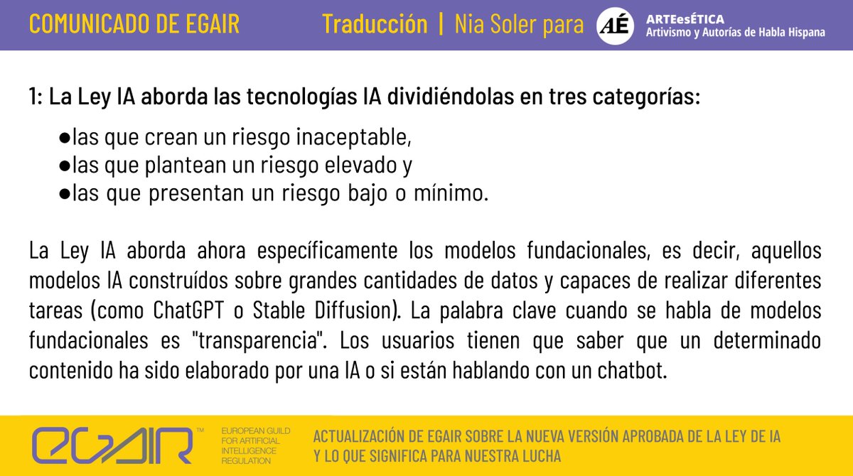 ArteEsEtica's tweet photo. La palabra clave cuando se habla de modelos fundacionales es "transparencia". Los usuarios tienen que saber que un determinado contenido ha sido elaborado por una IA o si están hablando con un chatbot.
#AIAct #egair #AI @Egair_official https://t.co/hOO4RTnVI6