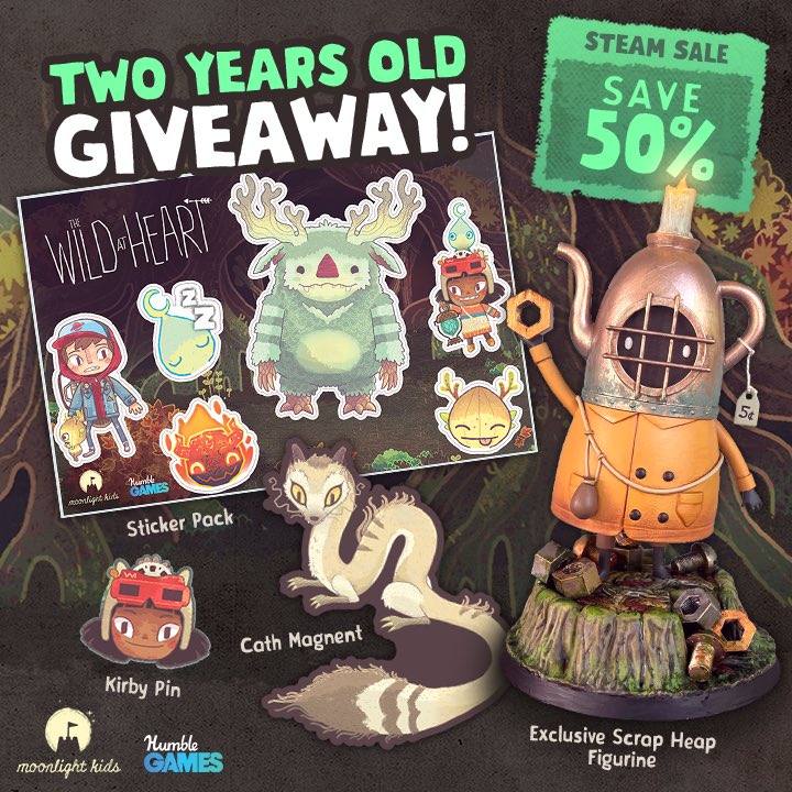 moonlightkids_'s tweet photo. The Wild at Heart turns 2! Join our giveaway! Like &amp; retweet, comment your fav moment, &amp; more for a chance at exclusive prizes! 50% off on Steam from May 14-21. Follow the link for official rules! https://t.co/ID9WxhOQhb

#TheWildatHeart #TwoYearsWild https://t.co/XSF1PmTBfR