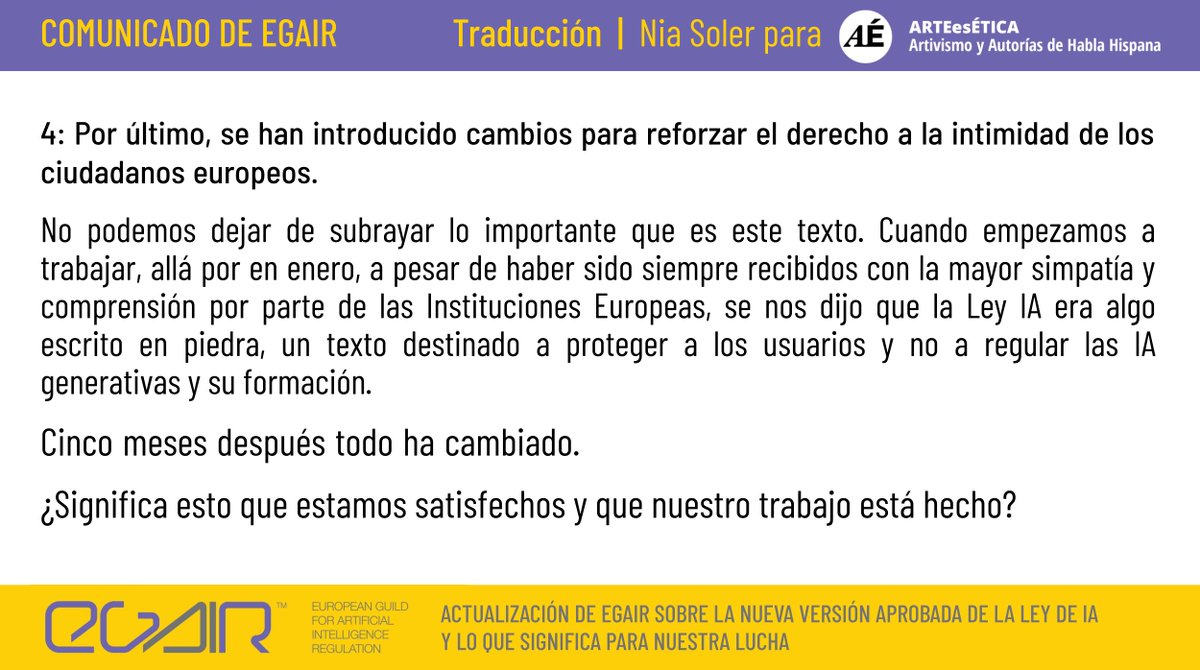 ArteEsEtica's tweet photo. Cuando empezamos a trabajar, allá por en enero, se nos dijo que la Ley IA era algo escrito en piedra, un texto destinado a proteger a los usuarios y no a regular las IA generativas y su formación.
Cinco meses después todo ha cambiado.
#AIAct #egair #AI https://t.co/ZJQrNn1nLL