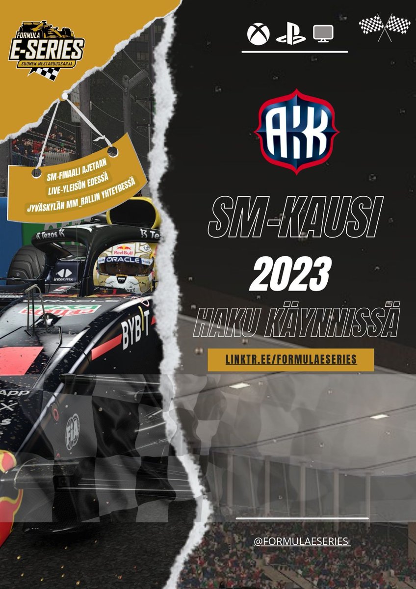 R A C E D A Y  =  SM-SARJA

Uusi Formula E-Series kausi starttaa heinäkuussa ja päättyy elokuussa live-yleisön edessä ajettavaan finaaliin. Jaossa ensimmäistä kertaa viralliset SM-mitalit.

Hae mukaan, NYT!

💻 linktr.ee/formulaeseries
📅 Haku päättyy 7.6.2023 | klo 23.59