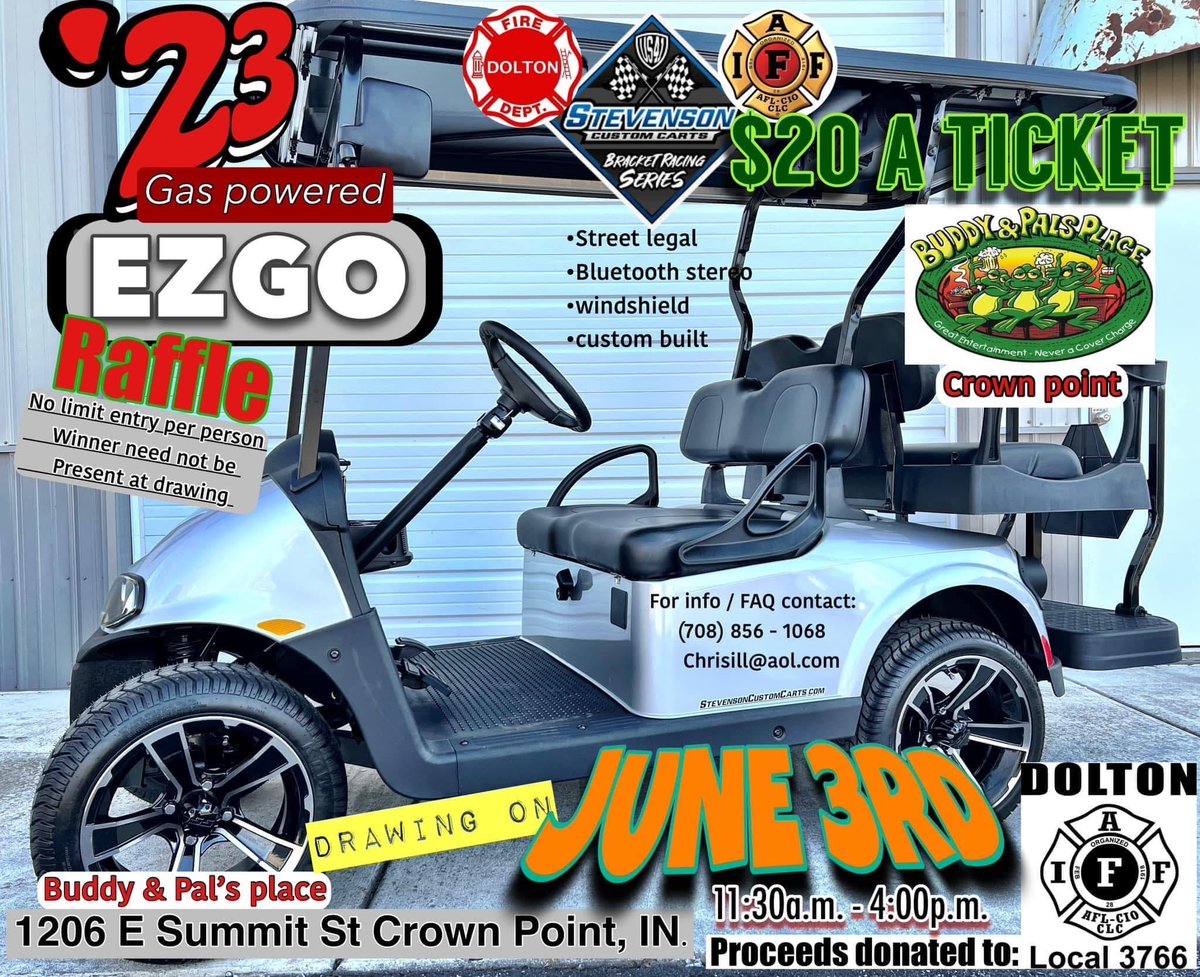 AFFI1935's tweet image. Dolton Firefighters Local 3766 are hosting a raffle for a EZGO gas powered golf cart!
$20/ticket for a chance at this sweet ride!