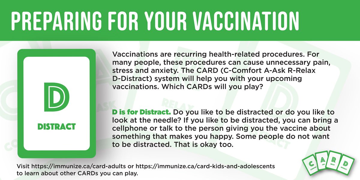 The CARD™ System will help you with your upcoming vaccinations. Which CARDs will you play? | <a href="/DrATaddio/">Anna Taddio</a> <a href="/UofTPharmacy/">Leslie Dan Faculty of Pharmacy</a>  <a href="/DrMcMurtry/">C. Meghan McMurtry</a> <a href="/SickKidsNews/">The Hospital for Sick Children (SickKids)</a> | D is for #Distract | tinyurl.com/y5d86u36 #VaccinesWork #CARDSystem