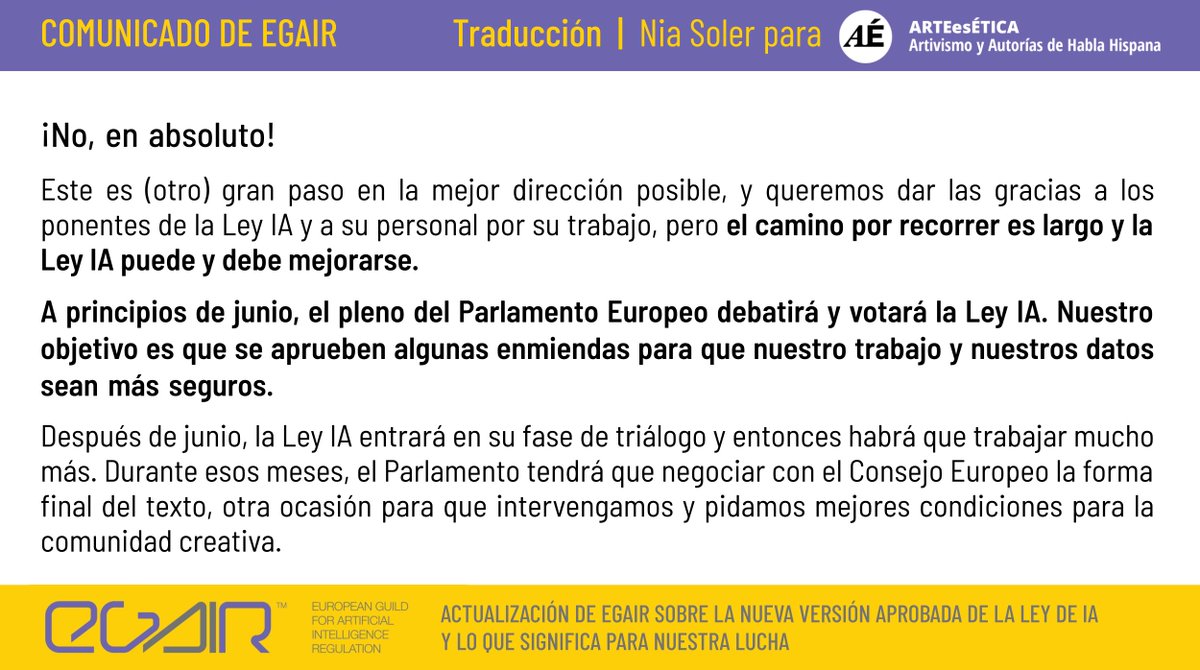 ArteEsEtica's tweet photo. ¿Significa esto que estamos satisfechos y que nuestro trabajo está hecho?
¡No, en absoluto!
Traducción al español del comunicado de @Egair_official sobre la nueva versión aprobada de la Ley IA de la Unión Europea.
#AIAct #egair #AI https://t.co/NyRmVFj64o