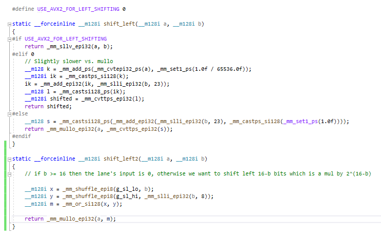 richgel999's tweet image. Found a faster alternative to variable lane left shift using SSE 4.1. This boosts Huffman decoding on Ice Lake from 1,122 MiB/sec. to 1,259 MiB/sec., or 1.5x faster than the fastest scalar Huffman I've seen (Collet's, 840 MiB/sec.). shift_left2() is below.
#datacompression