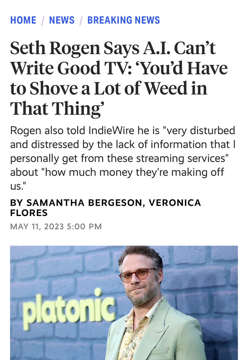MattSTKC's tweet photo. So in an @IndieWire interview, @Sethrogen said “you’d have to shove a lot of weed” into AI to get it to write good TV. “Good TV” is relative but what about a Seth Rogen movie?🧵1/x #aiwriting #ChatGPT https://t.co/Cm839o4293