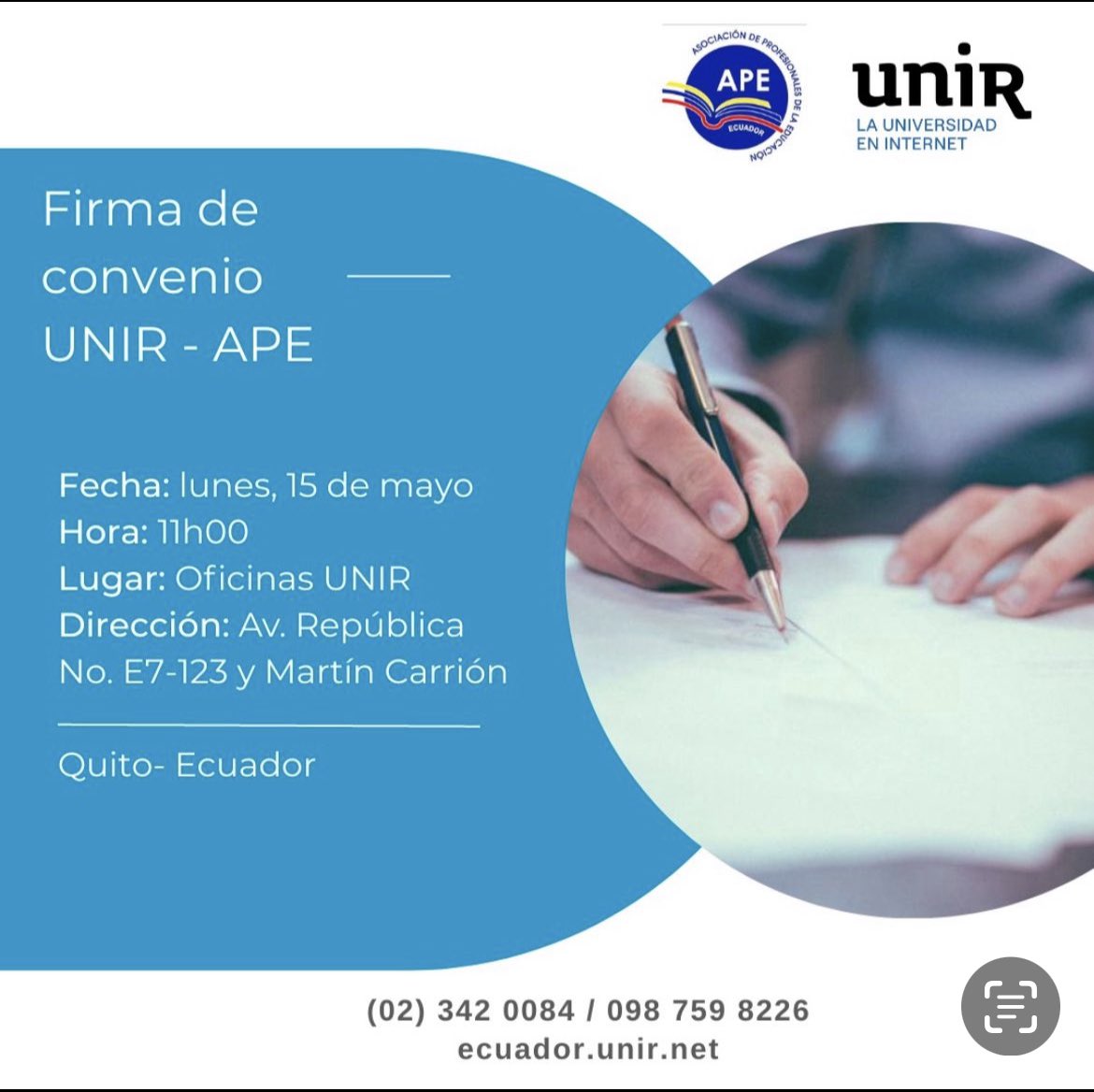 Este 15 de mayo firmaremos con UNIR un convenio que beneficiará a las y los docentes y sus familias para estudios, por que los hijos e hijas de nuestros profesionales de la educación son los más importantes, con la APE el magisterio recupera su voz..
<a href="/Educacion_Ec/">Ministerio de Educación, Deporte y Cultura</a> <a href="/EducacionZ3_Ec/">Educación Zona 3</a>