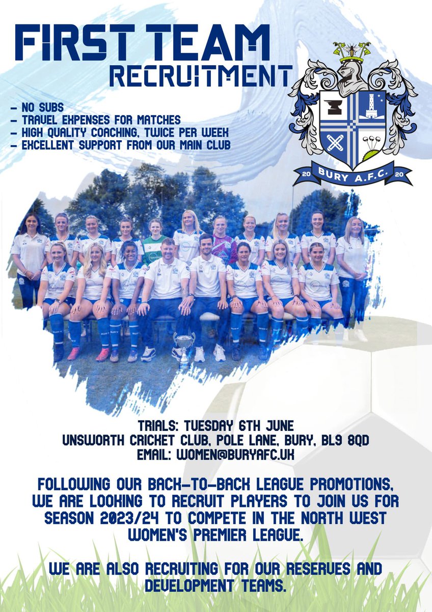 ⚪🔵 RECRUITMENT ⚪🔵

Want to be part of our title winning team, playing in tier 5 next season with excellent support &amp; benefits?

We are looking for players to join us playing in the <a href="/nwwrfl/">NWWRFL</a> Premier Division. Are you up for the challenge? 

Reg here… forms.gle/4uuicc5UxaHz38…