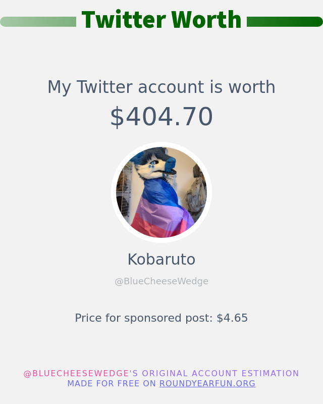 BlueCheeseWedge's tweet photo. My Twitter worth is: $404.70

➡️ https://t.co/hN4PiKSg10 https://t.co/CNXjEbhXdj