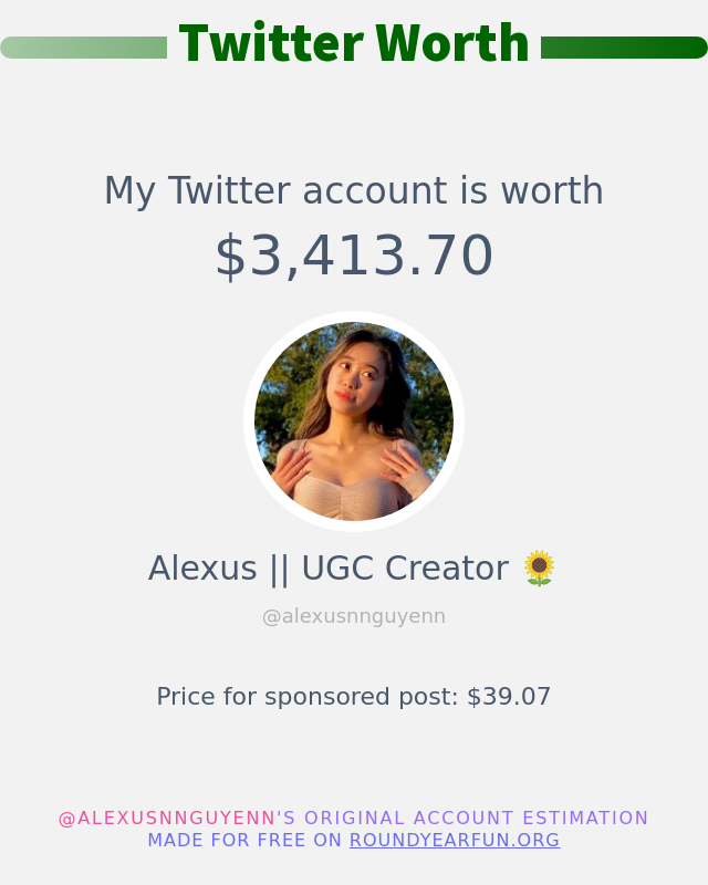 My Twitter worth is: $3,413.70

➡️ anyplacehere.me/twitterworth
