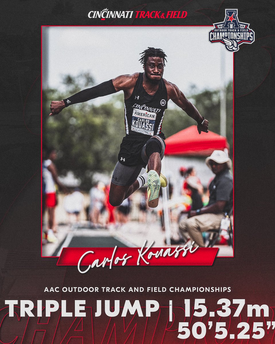 GoBearcatsTFXC's tweet photo. Carlos takes home 🥇‼️

Carlos Kouassi leaps a season best 15.37m to win the men’s triple jump conference title!!! 

#Bearcats https://t.co/W6kamKjWjt