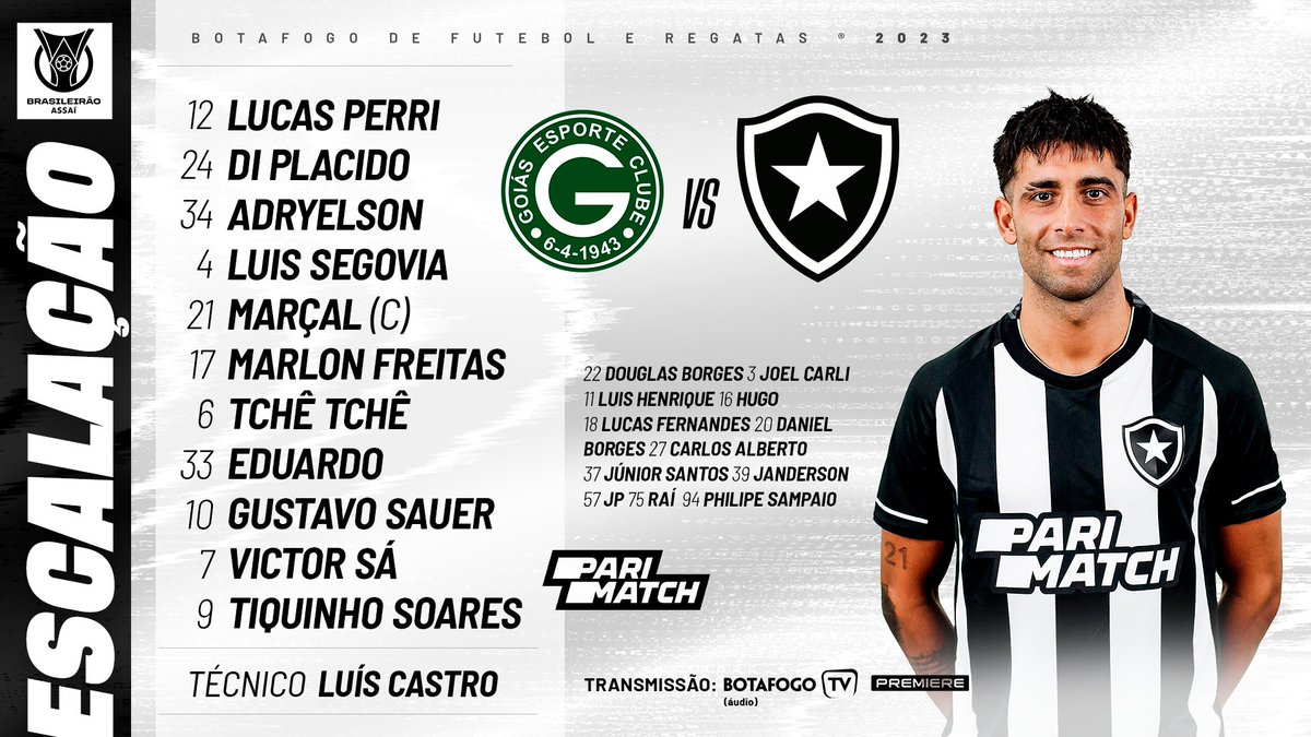 O Glorioso tá escalado para o duelo com o Goiás. 🔥⚽️ #VamosBOTAFOGO 

Apresentado por: @ParimatchBrazil
