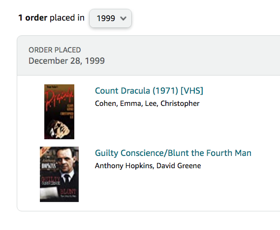 BlackTapeSam's tweet photo. My first @amazon order from December 1999! I parted with these VHS in a break up. Count Dracula (1971) [VHS] (with Klaus Kinski), Guilty Conscience/Blunt the Fourth Man [VHS]. #FirstAmazonOrder 23+ years ago. https://t.co/1bE2OVijqw