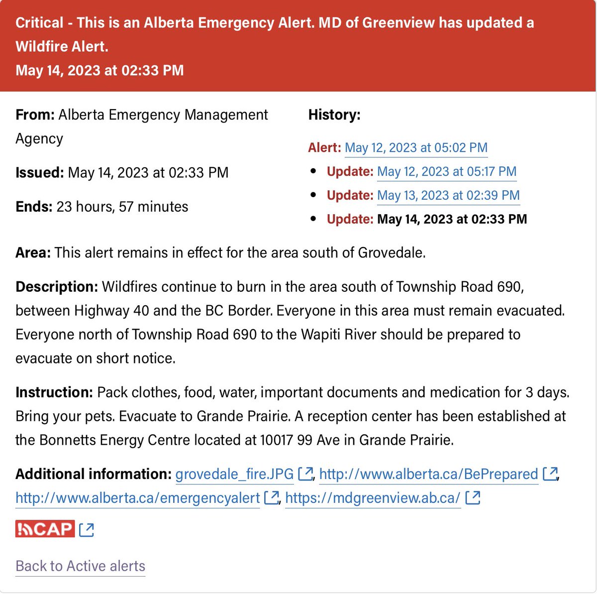 BCWildfireWkly's tweet photo. Wildfires continue to burn in the area south of Township Road 690, between Highway 40 and the BC Border. Everyone in this area must remain evacuated. - @AB_EmergAlert
#ABFire #ABFires #ABWildfire #Grovedale #MDofGreenview 1/2 https://t.co/35ERr2w3Mc