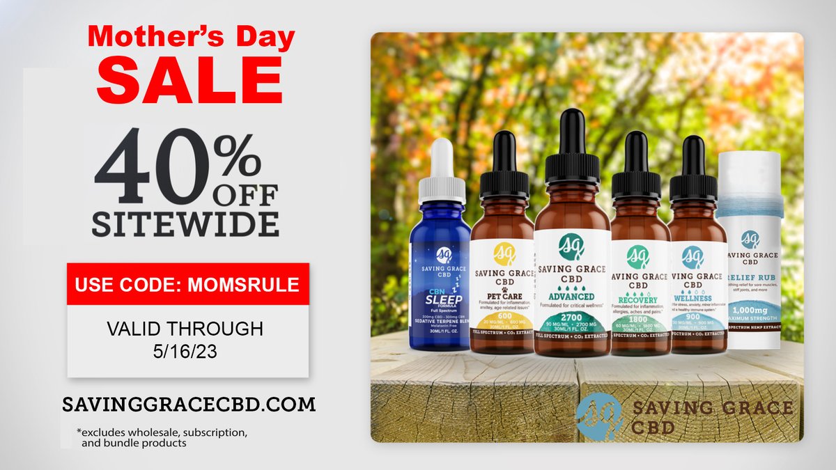 Only a couple of days left! Take 40% off site at Saving Grace CBD today!
-
Shop here 👉 savinggracecbd.com
-
-
#cbd #mothersday #cbdforsale #cbdsale #cbdforpets #dailycbd #hemp #cbdoil #cbdrelief #cbdproducts