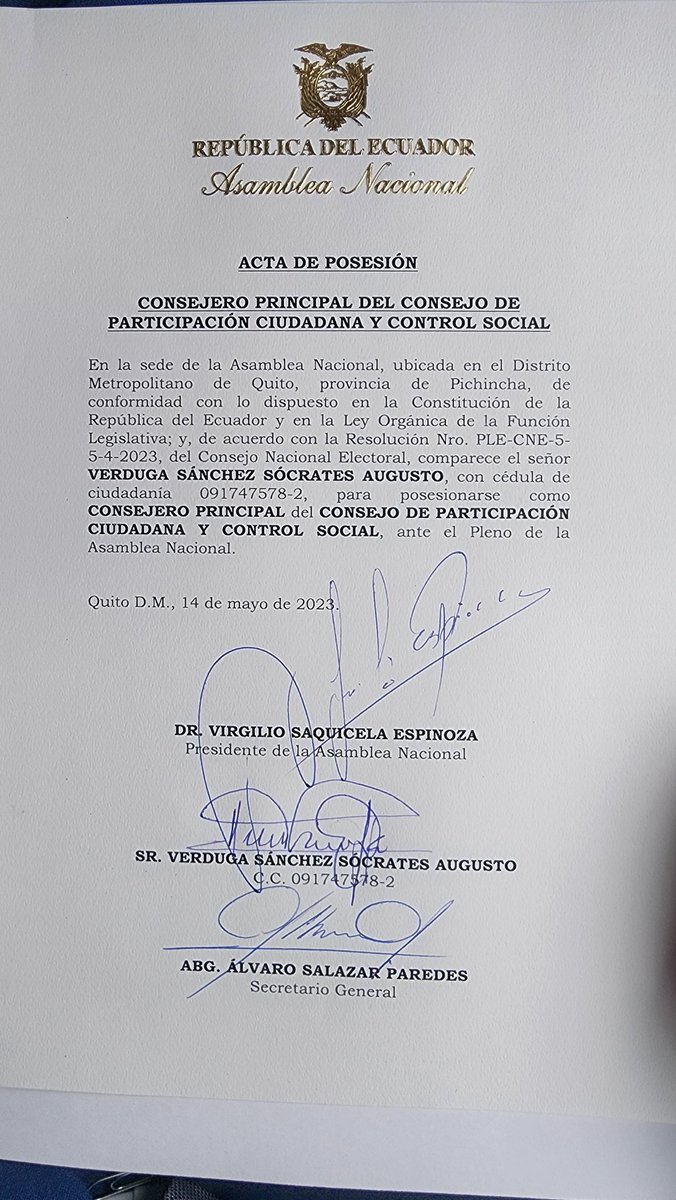 VerdugaAugusto's tweet photo. Hoy he sido posesionado como Consejero de Participación Ciudadana en la @AsambleaEcuador. El reto de mi vida está a punto de empezar. Mucha emoción.

Gracias, compatriotas, por darme la oportunidad de ser útil en estos días tan grises para el país.

¡#SíHayAlternativa! https://t.co/ysOvSQ4ChB