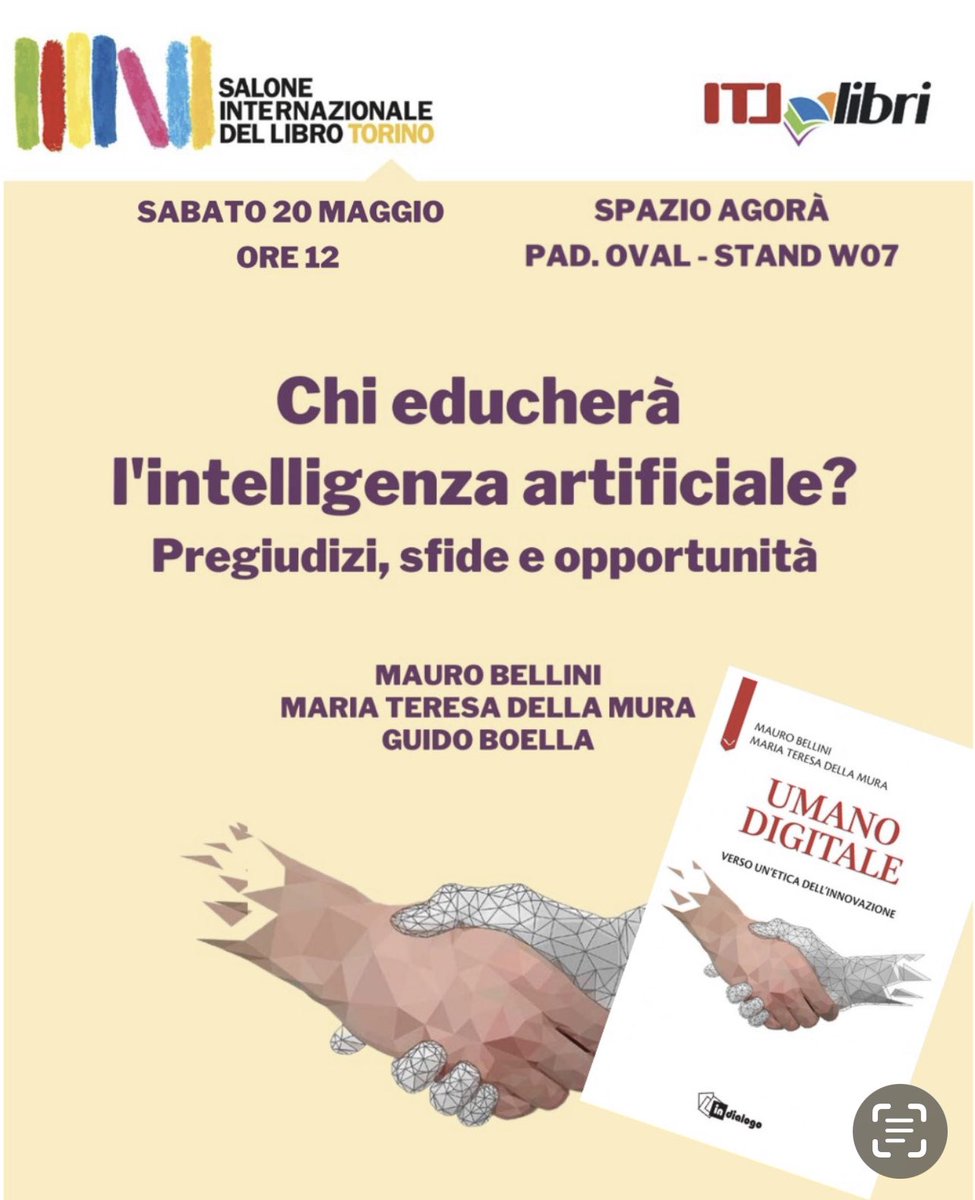 mbellini3's tweet image. Chi educherà l’#AI e chi educherà all’#IntelligenzaArtificiale? Ne discutiamo il prossimo 20/05 al @SalonedelLibro alla presentazione di #UmanoDigitale con @MitiDellaMura @GuidoBoella @ClaraFerrario @itllibri