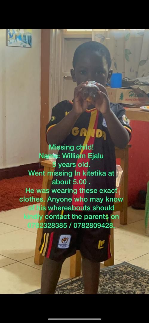 BiryomumaishoB's tweet photo. #MissingChildAlert
Help find 5-year-old William Ejalu who went missing at about 5:00 pm on Sunday. 
He was wearing these exact clothes. If you see him anywhere, please call 0782328385 or 0782809428.
🙏 https://t.co/9egllFaNQ8